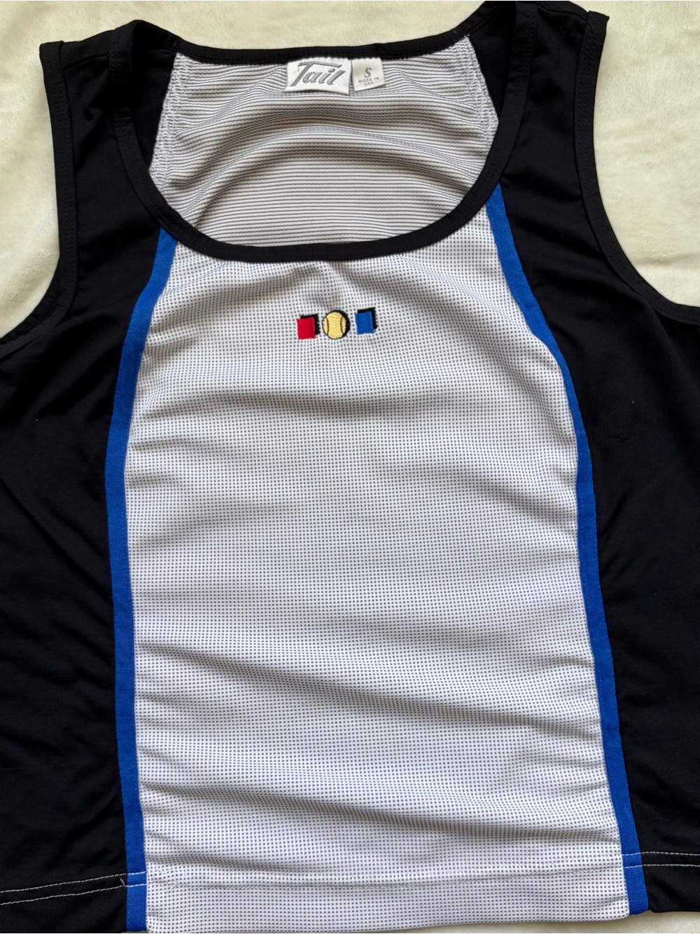 Tail White Mesh Tank Top with Black Body and Blue Trim